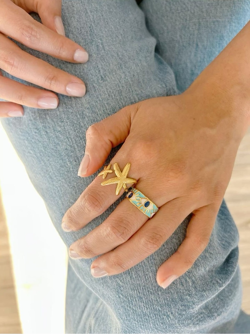 Gold Starfish Adjustable Statement Ring Coastal Beach Jewelry